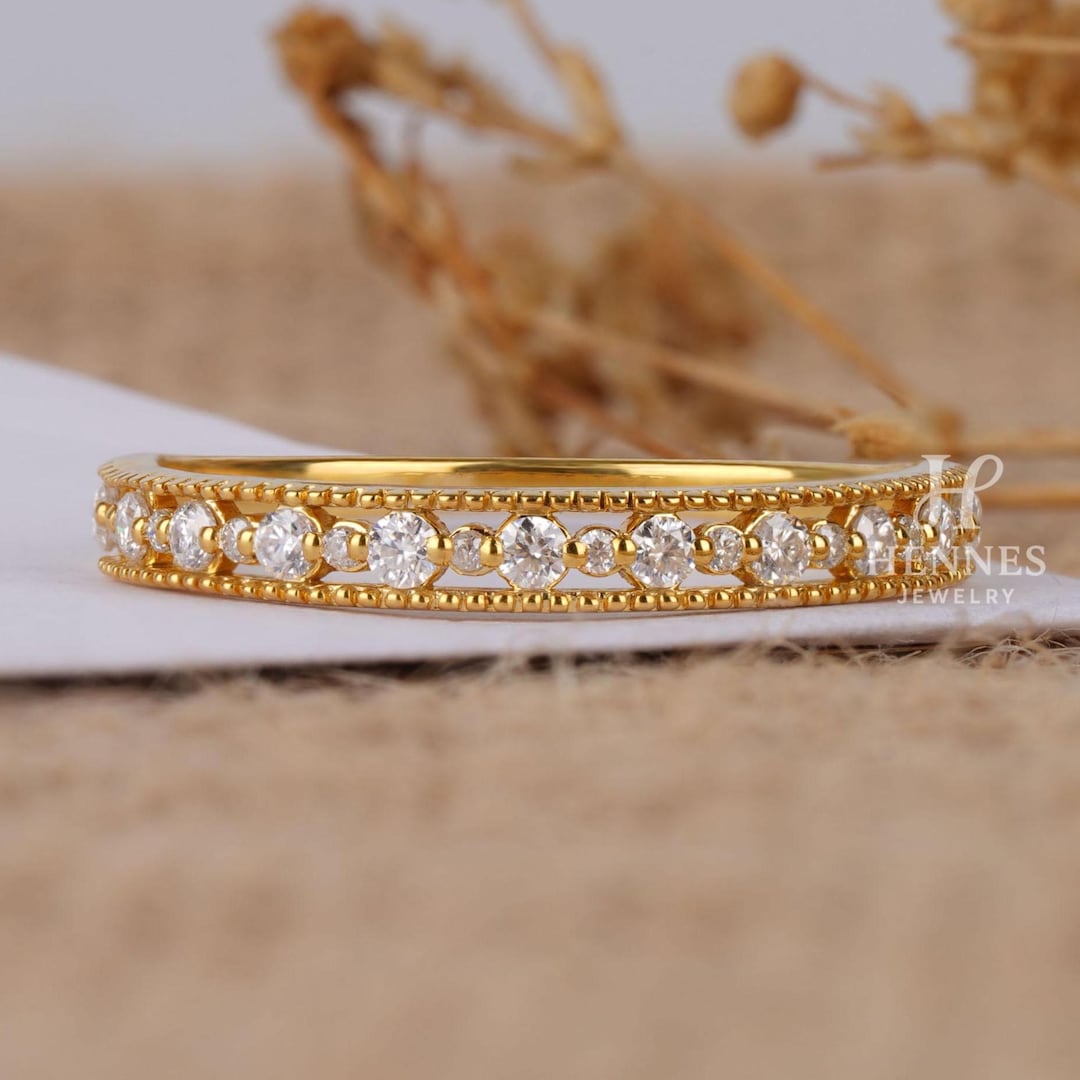 Vintage Half Eternity Band Moissanite 14K Solid Gold Round Shared Prong ...