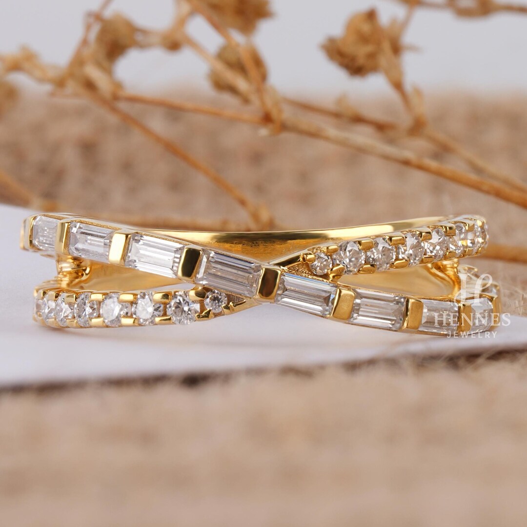 Baguette Cut Moissanite Wedding Band 14K Gold Criss Cross Infinity Band ...