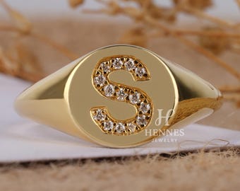 Diamond Initial Signet Ring Solid Gold Personalized Gift, Custom Monogram Ring Handmade S Letter Ring Signet Pinky Ring, Chunky Ring for Her