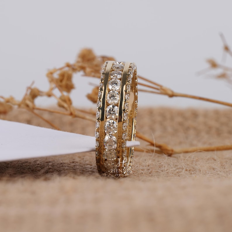 Channel Set Round Cut Moissanite Wedding Band | 14K Solid Gold Full ...