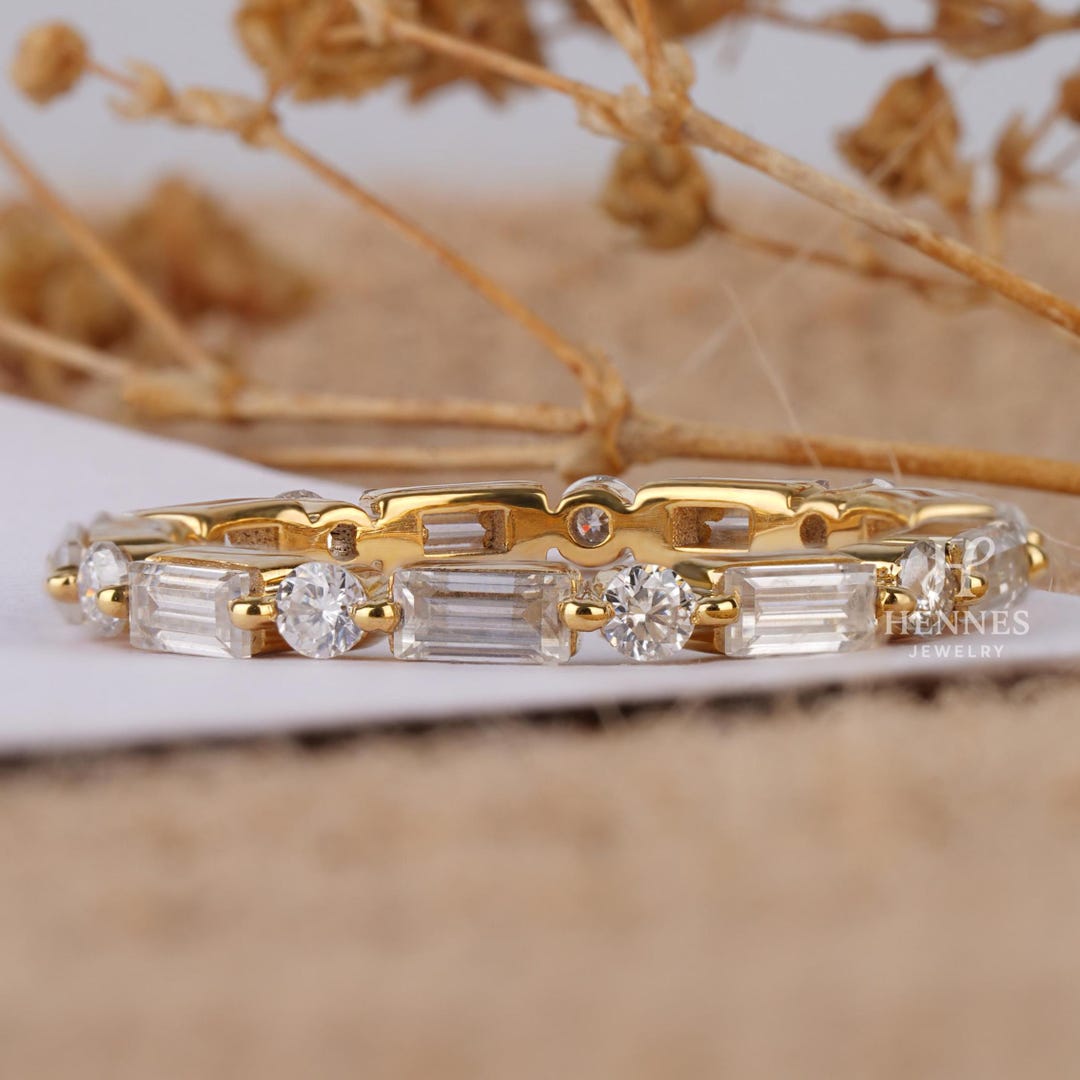 East West Set Baguette Cut Moissanite Wedding Band 14K Solid Gold ...