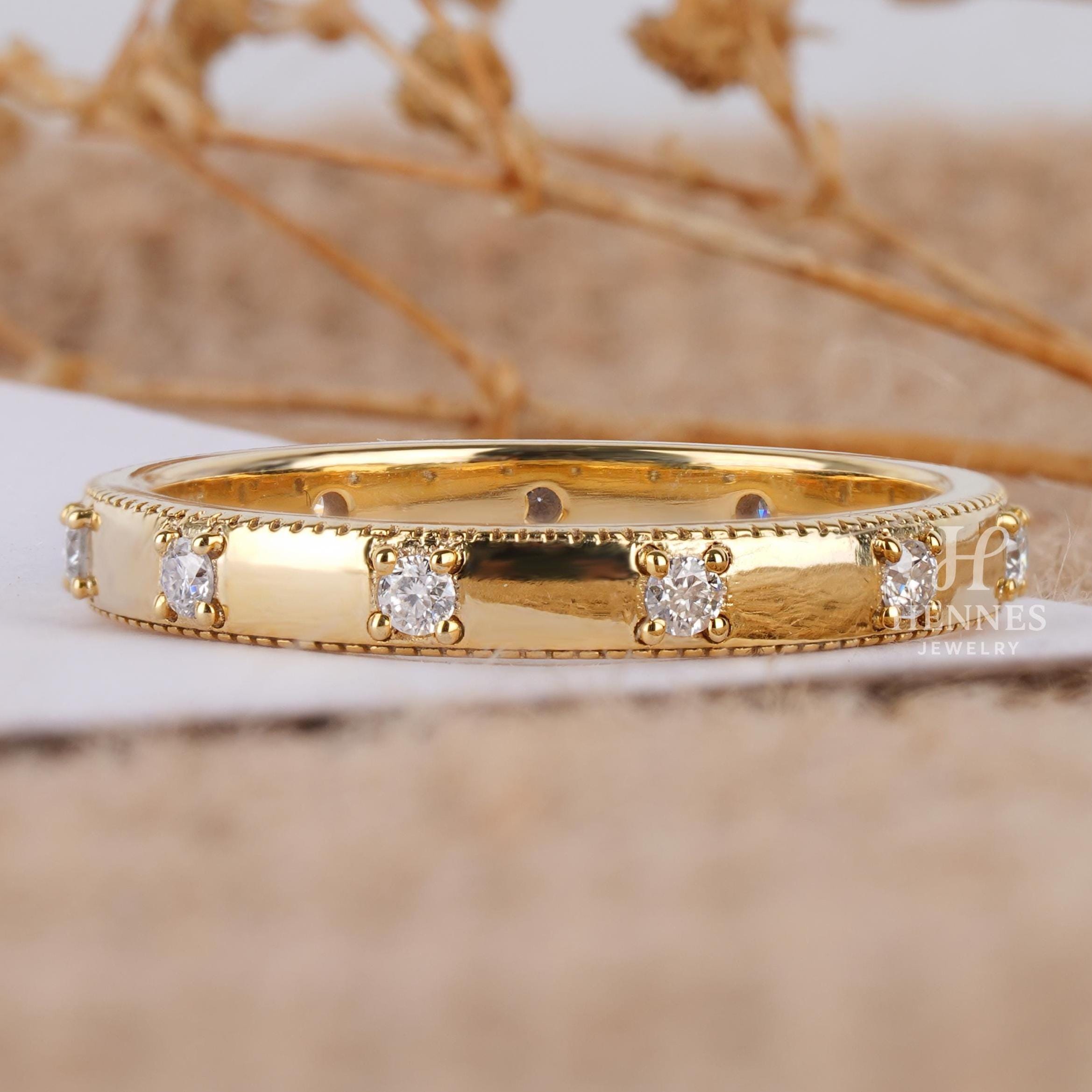 Round Moissanite Wedding Band 14K Gold Distance Pave Set Full Eternity ...