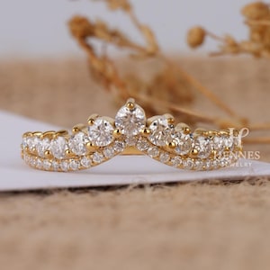 Tiara Round Moissanite Engagement Ring 14K Gold Crown Enhancer Ring Women Chevron Curved Half Eternity V Shape Stacking Band Promise Ring
