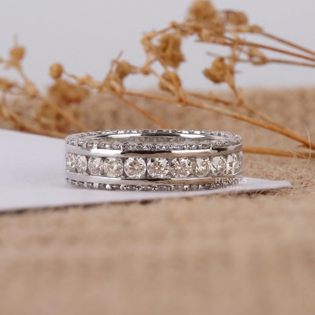 Channel Set Round Cut Moissanite Wedding Band | 14K Solid Gold Full ...