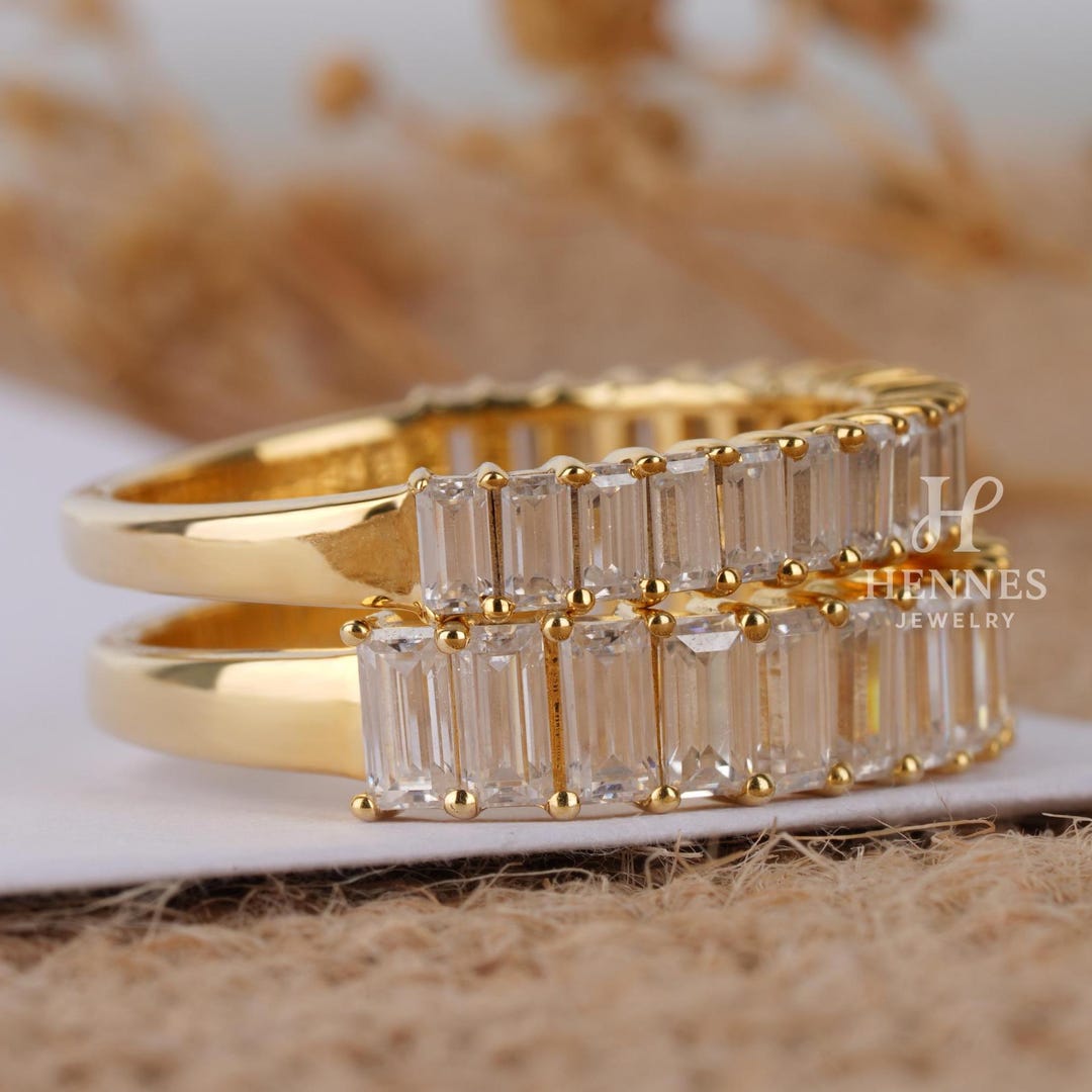 Baguette Cut Moissanite Pave Wedding Band for Her 14K Gold Stackable ...