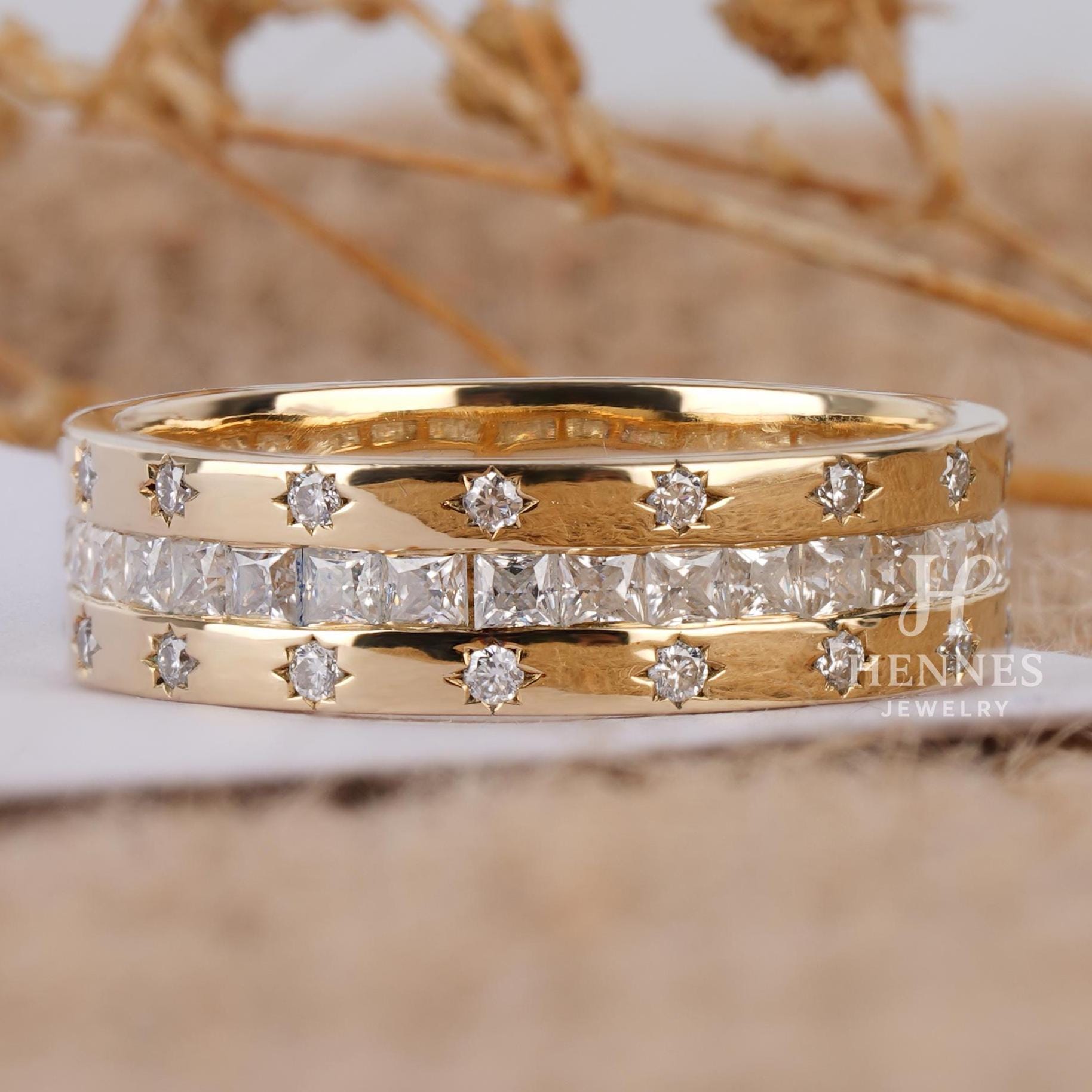 Princess & Round Moissanite Channel Set Wedding Band | 14K Solid Gold ...