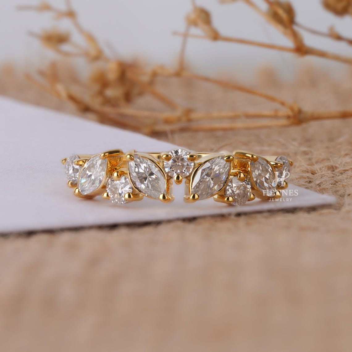 Marquise Cut Moissanite Wedding Band 14K Solid Gold Half Eternity Ring ...