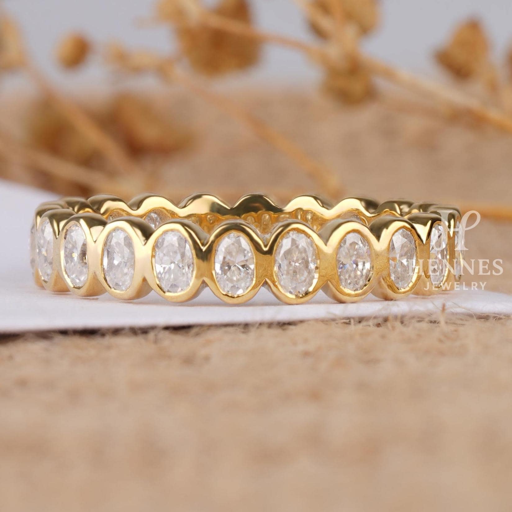 4.00 Mm Oval Cut Moissanite Eternity Band | 14K Gold Bezel Set Wedding ...
