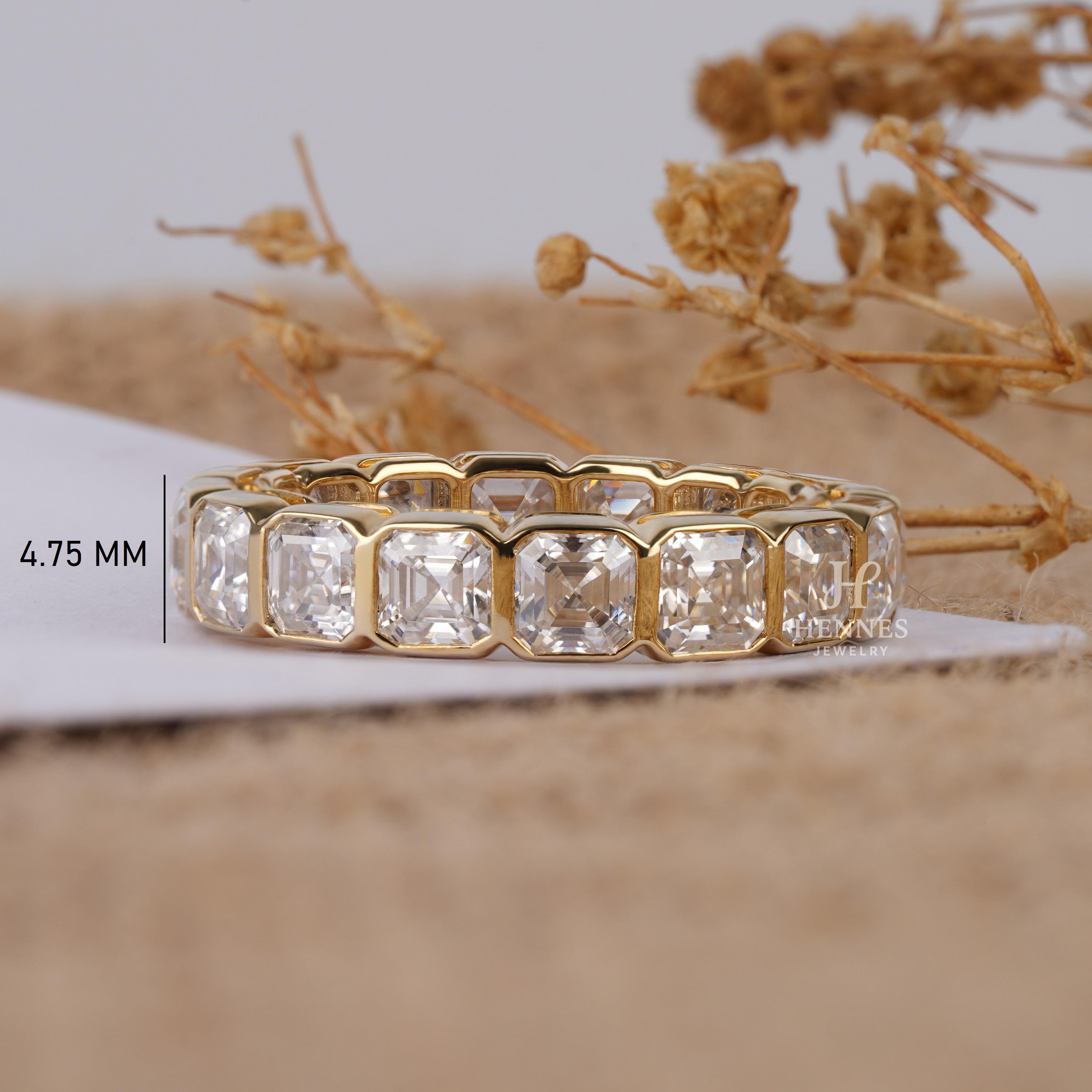 Asscher Cut Moissanite Wedding Band Women 14K Solid Gold Bezel Set Full ...