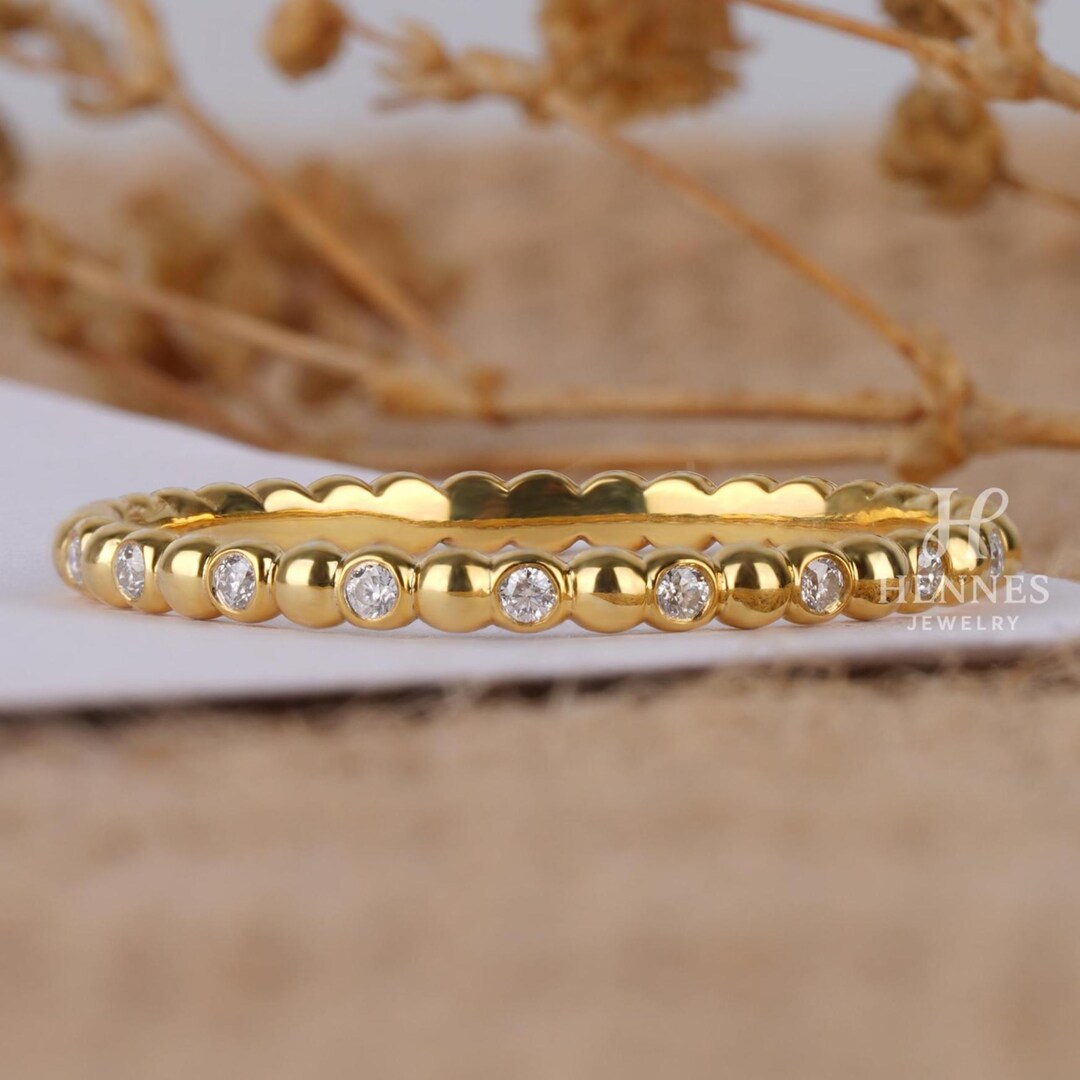 Vintage 14K Solid Gold Bezel Set Round Moissanite Eternity Ring Women ...