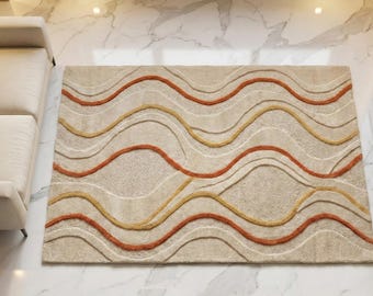 Hand Tufted Mid Century Modern Abstract Wavy Wool Area Rug, Living Room