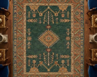Handgeknüpfter Grüner Oushak Teppich Handgeknüpft, Geometrischer Stammes-Teppich, Walddekor, Vintage Oriental
