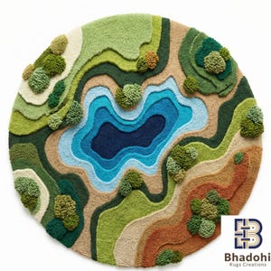 Nature inspired rug, 3d textured round carpet, green moss forest floor, Landscape rug