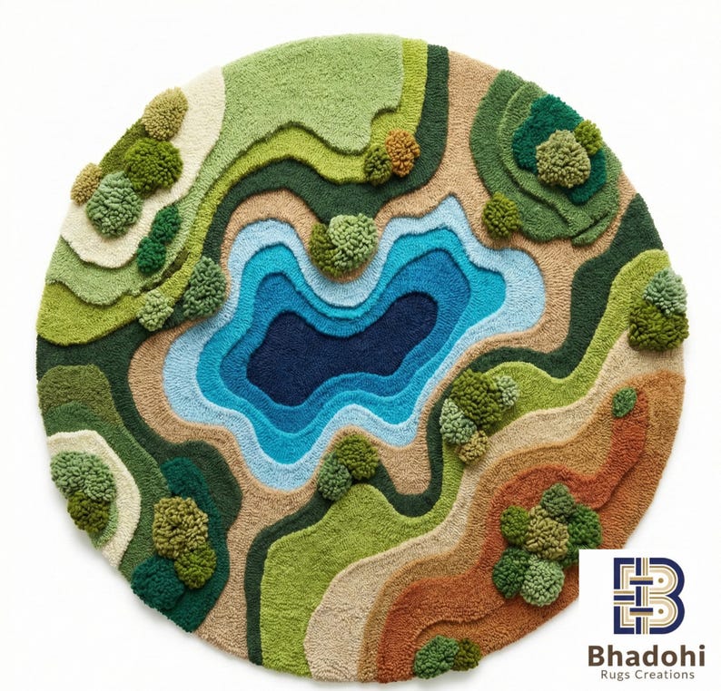 Nature inspired rug, 3d textured round carpet, green moss forest floor, Landscape rug