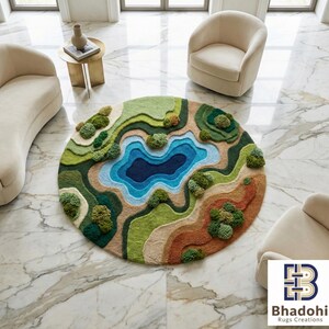 May include: A round rug with a landscape design featuring a lake and surrounding hills. The rug has a variety of colors, including green, blue, and brown, and is made of a soft, textured material. The rug is placed on a marble floor.