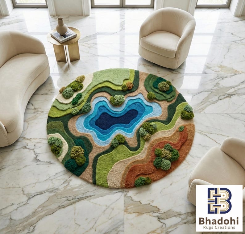 May include: A round rug with a landscape design featuring a lake and surrounding hills. The rug has a variety of colors, including green, blue, and brown, and is made of a soft, textured material. The rug is placed on a marble floor.