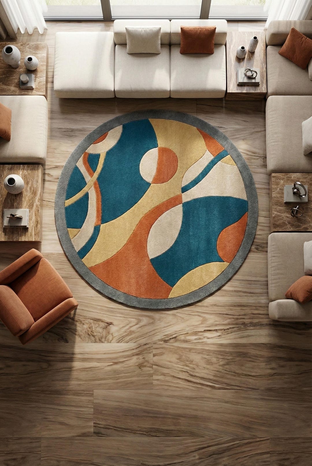 Teal Orange Rug Teal & Orange Wool Rug: Round Abstract, Mid-century Modern - Etsy