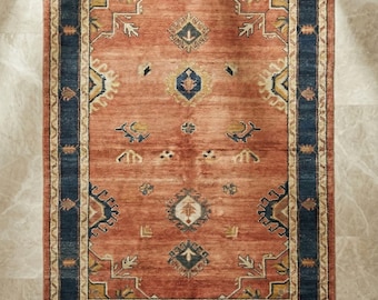 Handgeknüpfter Vintage Oushak Wollteppich, Geometrischer Türkischer Teppich in Rostorange 200x300