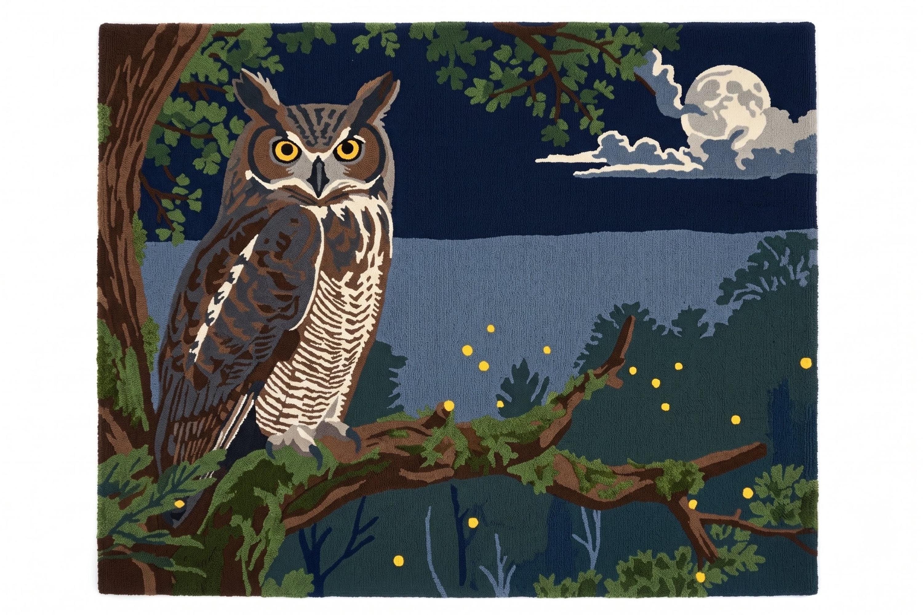 Owl Nursery Rug, Woodland Animal Kids Carpet, Forest Theme Night Sky Area Rug, Hand Tufted Custom Wo