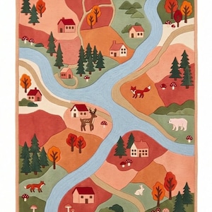 May include: A rectangular area rug featuring a colorful illustrated landscape with a winding blue river, winding paths, small houses with red roofs, evergreen trees, deciduous trees in autumn colors, mushrooms, a deer, a bear, foxes, and a rabbit.