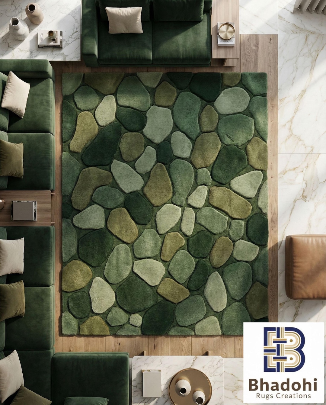 Green Pebble Rug, 3D Textured Moss Stone Carpet, Hand Tufted Wool ...