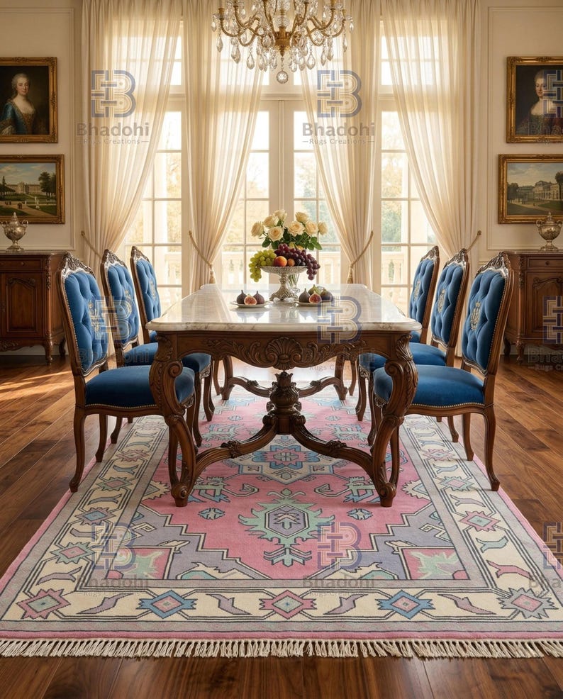 K&ouml;nnte beinhalten: Ein formelles Esszimmer-Set mit einem Tisch mit Marmorplatte und sechs blauen Samtst&uuml;hlen. Unter dem Tisch liegt ein rosa-grau gemusterter Teppich. Der Raum verf&uuml;gt &uuml;ber einen Kronleuchter, Kunstwerke und transparente Vorh&auml;nge.