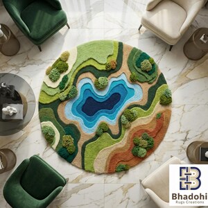 May include: A round rug with a landscape design featuring a lake and rolling hills. The rug has a blue lake surrounded by green, beige, and brown terrain. The rug has a textured, tufted appearance and is surrounded by furniture.