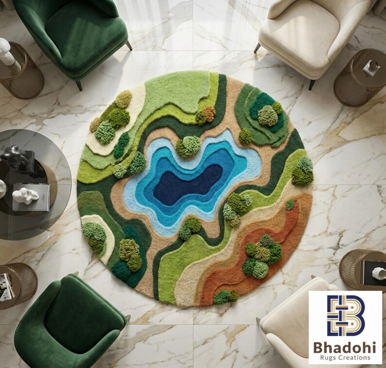 May include: A round rug with a landscape design featuring a lake and rolling hills. The rug has a blue lake surrounded by green, beige, and brown terrain. The rug has a textured, tufted appearance and is surrounded by furniture.