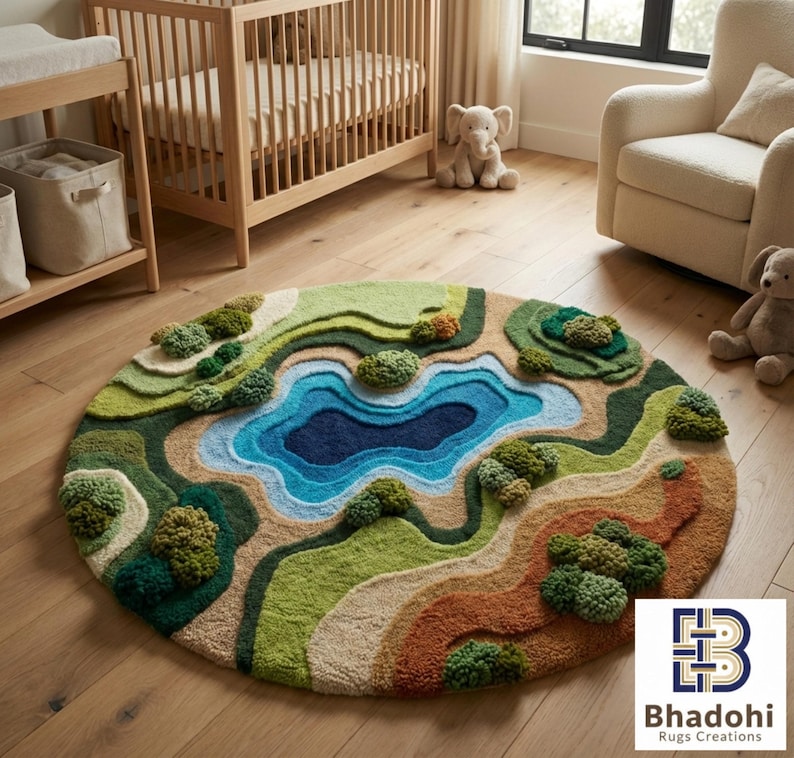 May include: A round, landscape-themed rug with a lake design. The rug features a central blue lake surrounded by green, tan, and brown terrain, with tufted tree-like accents. The rug is placed on a wooden floor in a nursery setting.