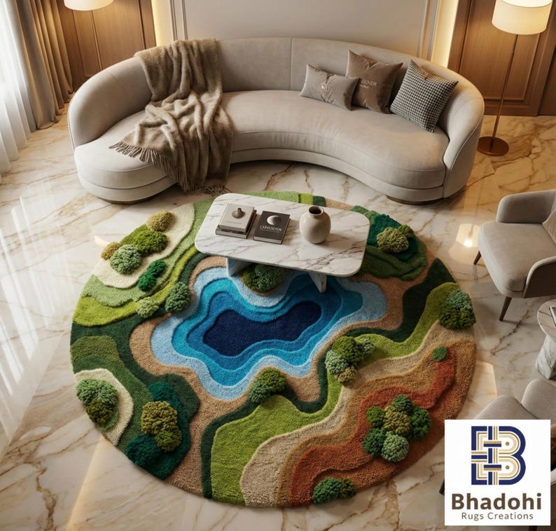 May include: A round, landscape-themed rug with a lake and hills design. The rug features shades of green, blue, and brown, with textured elements to mimic trees and terrain. A white marble coffee table sits atop the rug, with a beige sofa in the background.