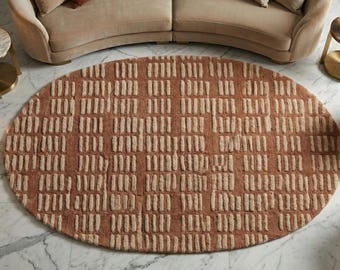 Handmade Oval Wool Rug: Terracotta Linear Geometric Design