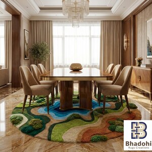 May include: A dining room featuring a large rectangular table with eight beige chairs. A colorful round rug with a landscape design sits beneath the table. The rug features shades of green, blue, and orange. The room has large windows and a chandelier.