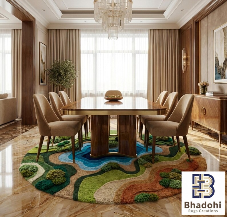 May include: A dining room featuring a large rectangular table with eight beige chairs. A colorful round rug with a landscape design sits beneath the table. The rug features shades of green, blue, and orange. The room has large windows and a chandelier.