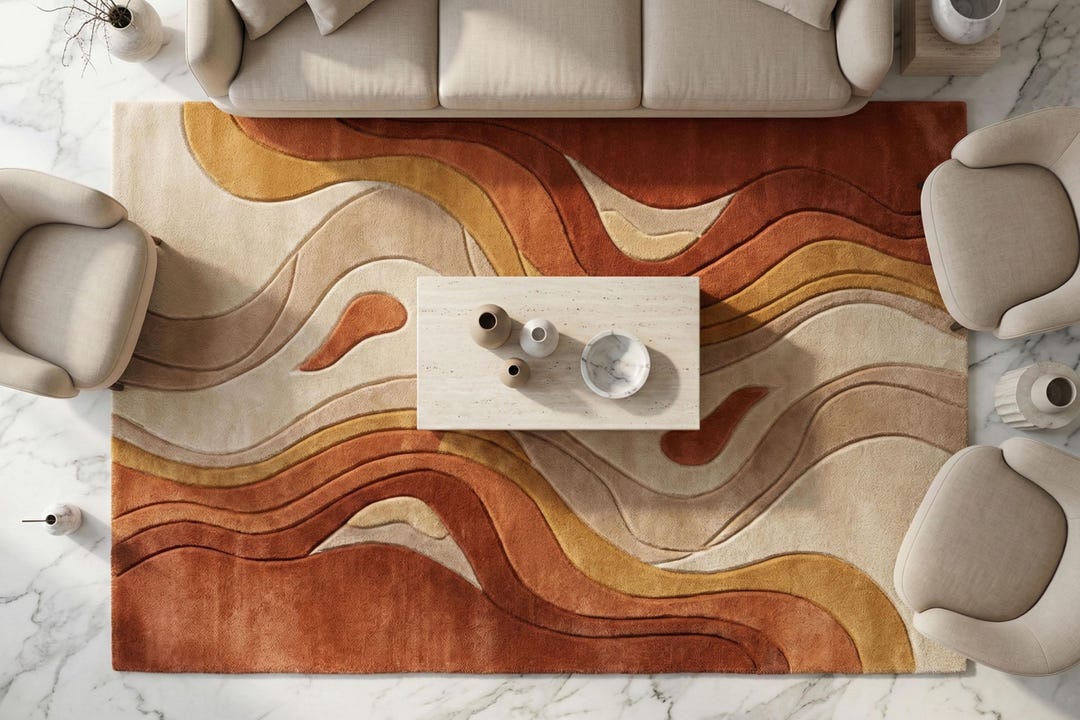 Abstract Rug Sculpted Wavy Pattern Earth Tone Hand Tufted High Pile ...