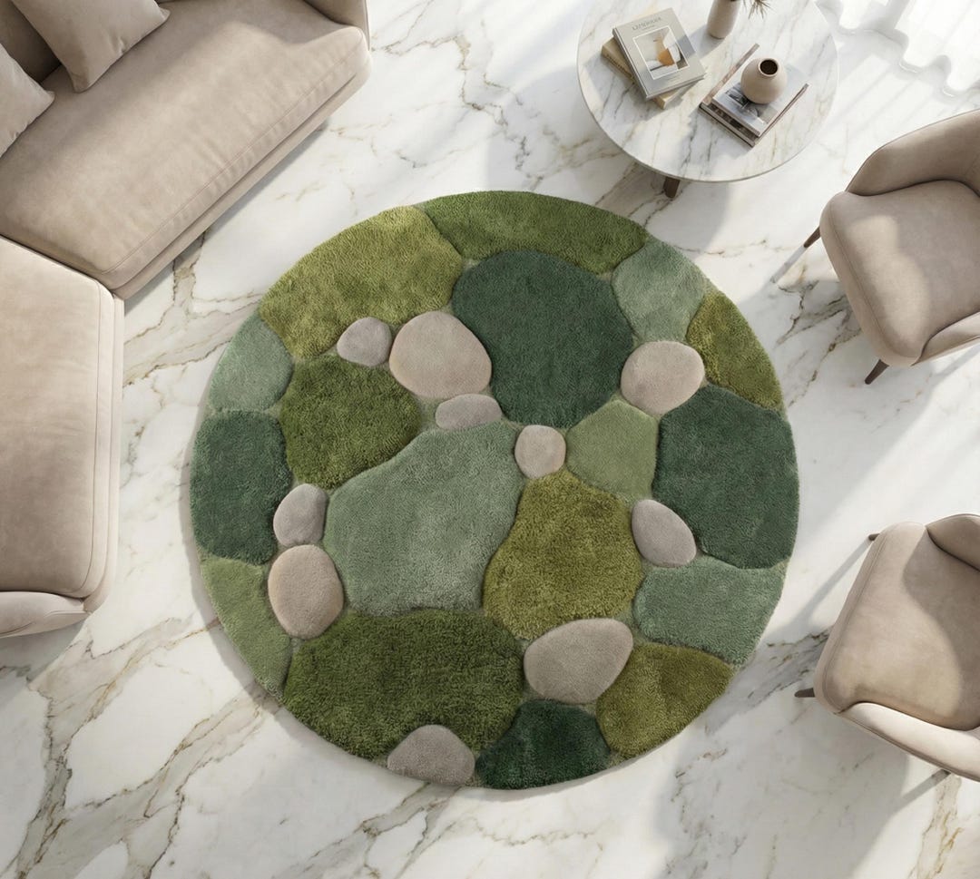 Stone Area Rug Inlay Organic Moss Stone Area Rug, High Pile 3D Pebble Texture Green Carpet ...