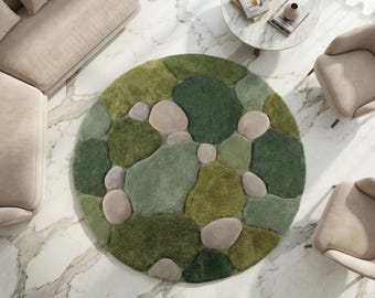 Organic Moss Stone Area Rug, High Pile 3D Pebble Texture Green Carpet, Modern Biophilic Round Rug for Living Room Bedroom Decor