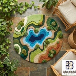 Nature inspired rug, 3d textured round carpet, green moss forest floor, Landscape rug