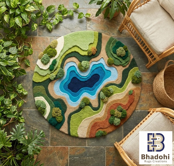 Nature inspired rug, 3d textured round carpet, green moss forest floor, Landscape rug
