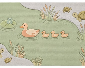 Duck Nursery Rug, Turtle and Frog Pond Area Rug, Animal Kids Playroom Carpet, Hand Tufted Wool Woodland Room Decor