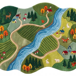 May include: An irregularly shaped area rug featuring a landscape illustration with a winding blue river, green fields, forests of pine and deciduous trees, small houses with chimneys, red mushrooms, and various animals including a deer, fox, and rabbits.
