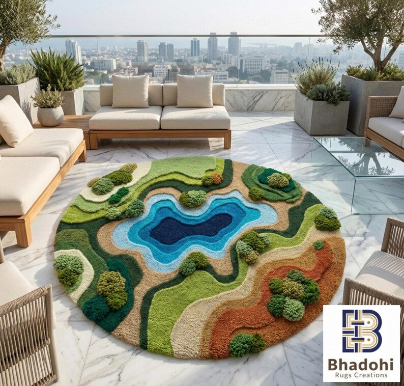 May include: A round, landscape-themed rug with a lake design. The rug features a central dark blue lake surrounded by layers of green, brown, and tan terrain. Small, tufted green trees are scattered across the landscape. The rug is placed on a marble patio.