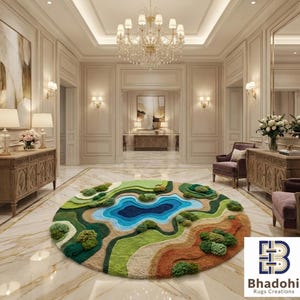 May include: A round, landscape-themed rug with a lake and surrounding hills in shades of blue, green, and brown. The rug is placed in a luxurious room with marble flooring and ornate furniture. The rug is a Bhadohi Rugs Creation.