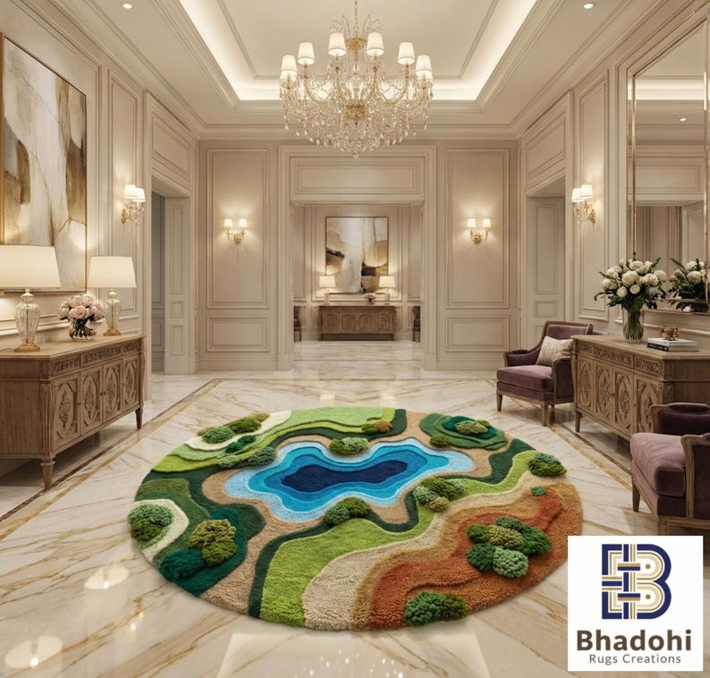 May include: A round, landscape-themed rug with a lake and surrounding hills in shades of blue, green, and brown. The rug is placed in a luxurious room with marble flooring and ornate furniture. The rug is a Bhadohi Rugs Creation.