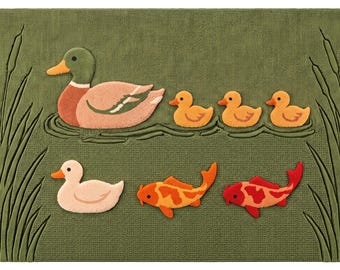 Duck And Koi Fish Rug, Pond Aesthetic Nursery Rug, Animal Kids Room Carpet, Nature Theme Playroom Rug, Hand Tufted Wool Rug
