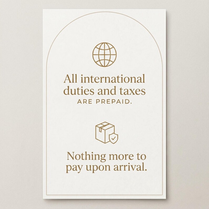 May include: A rectangular sign with a white background and gold-colored text and graphics. The text reads "All international duties and taxes are prepaid. Nothing more to pay upon arrival."