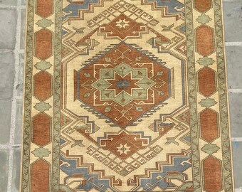 Vintage Oushak Teppich, 200x300 Handgeknüpfter Wollteppich, Geometrisches Tribal Dekor