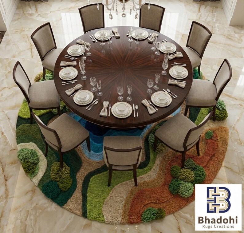 May include: An overhead view of a formal dining room setup. A large, round, dark wood table is set for a meal with eight chairs. The table sits on a colorful, round rug with a landscape design. A chandelier hangs above the table.