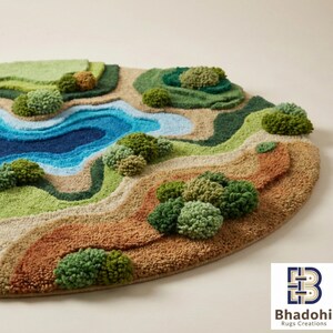 May include: A detailed, textured rug depicting a landscape with a blue lake, green hills, and brown terrain. The rug features a 3D effect with tufted, spherical accents representing trees and bushes. The color palette includes shades of blue, green, and brown.