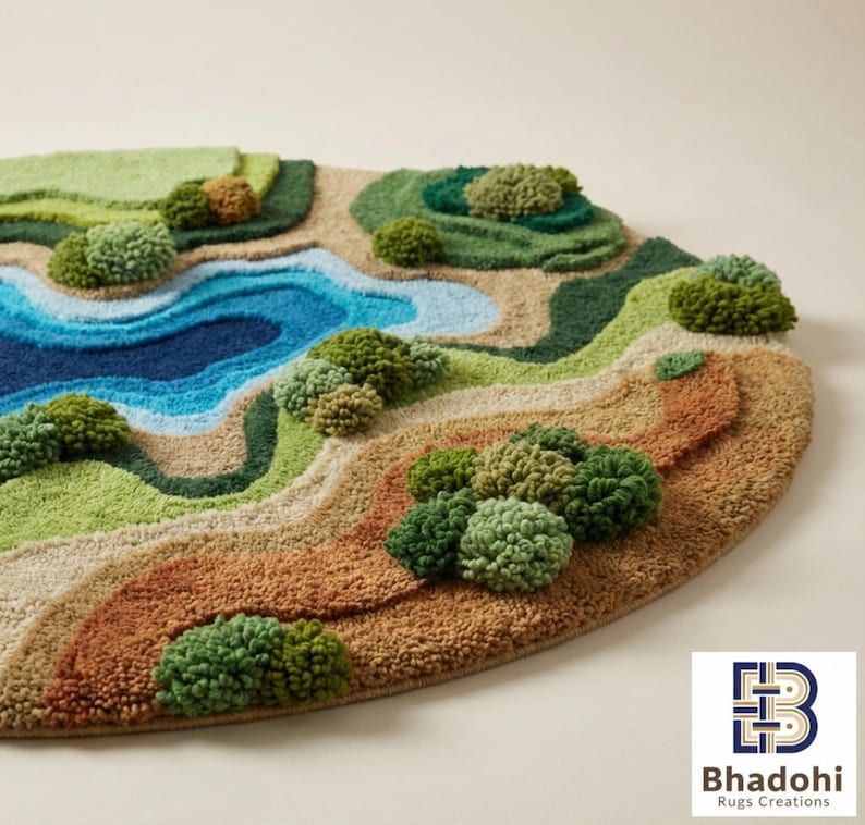 May include: A detailed, textured rug depicting a landscape with a blue lake, green hills, and brown terrain. The rug features a 3D effect with tufted, spherical accents representing trees and bushes. The color palette includes shades of blue, green, and brown.
