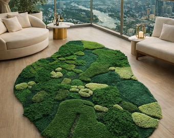Hand Tufted Moss Green Pebble Rug, Nature Inspired 3D Textured Carpet